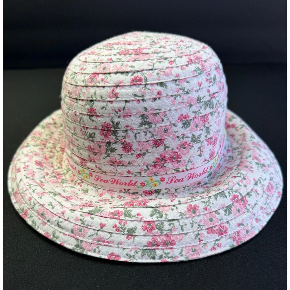 SeaWorld Floral Sun Hat Adult OS Pink White Braided 100% Cotton Wide Brim Beach